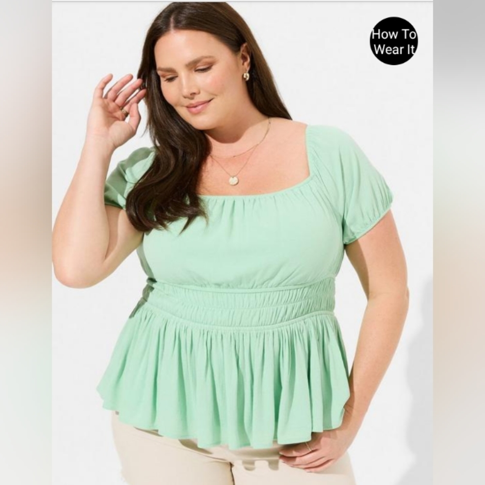 New Torrid 1X(14/16) Washable Gauze Lined Cris Cross Back Peplum Top-Hemlock NWT